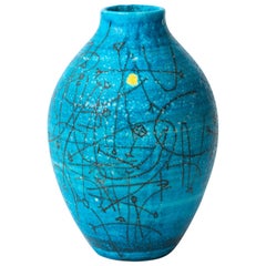 Large 1950s Guido Gambone Esoteric Ceramic Vessel in Stunning Mediterranean Blue