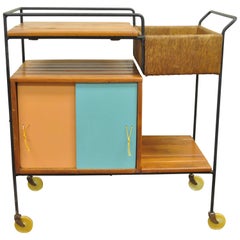 Vintage Arthur Umanoff Mid-Century Modern Tiki Bar Cart in Wrought Iron and Rush