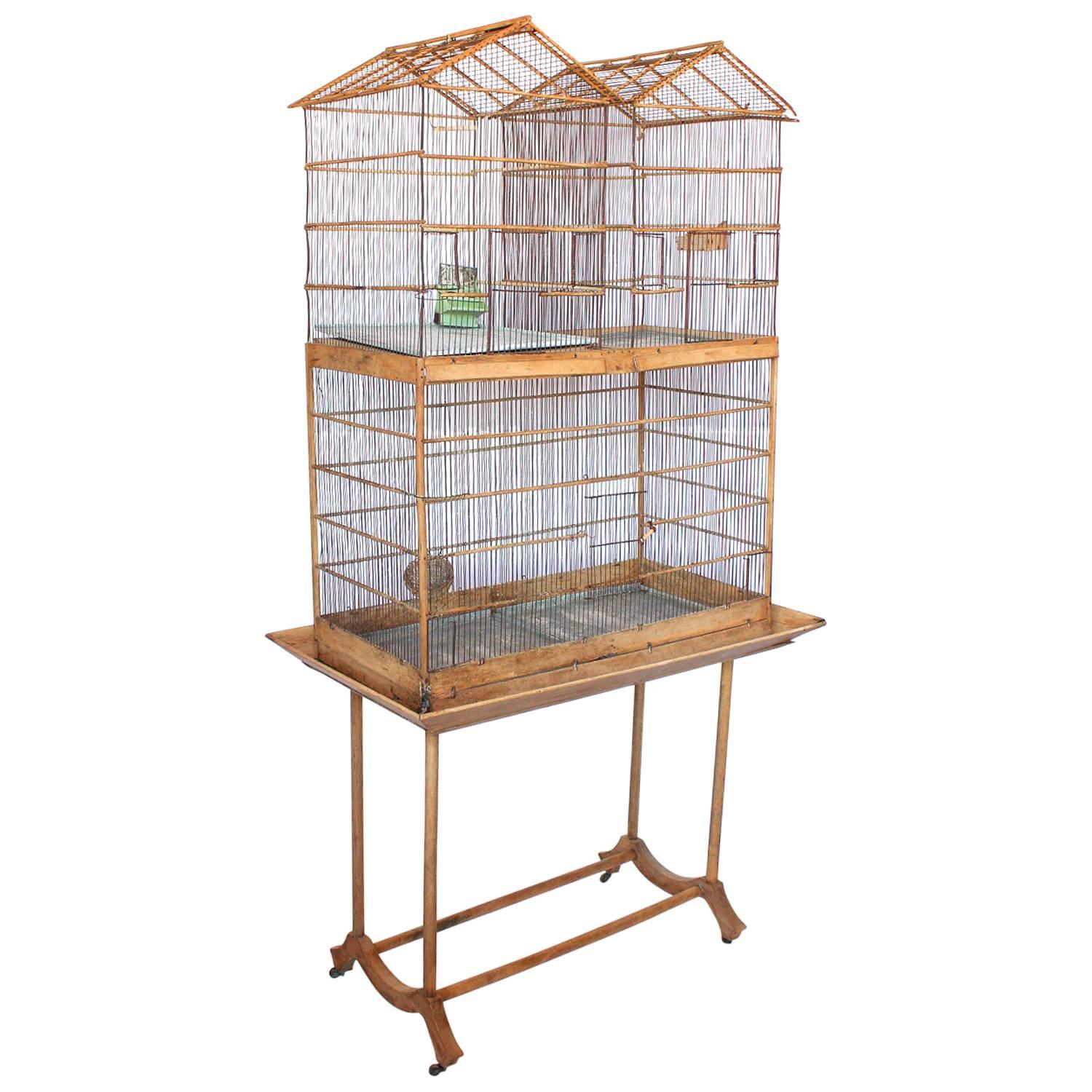 Large Stylish Antique English Bird Wood Cage For Sale