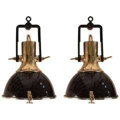 Retro Pair of Mid-Century Black Enamel and Brass Ship Deck Lights