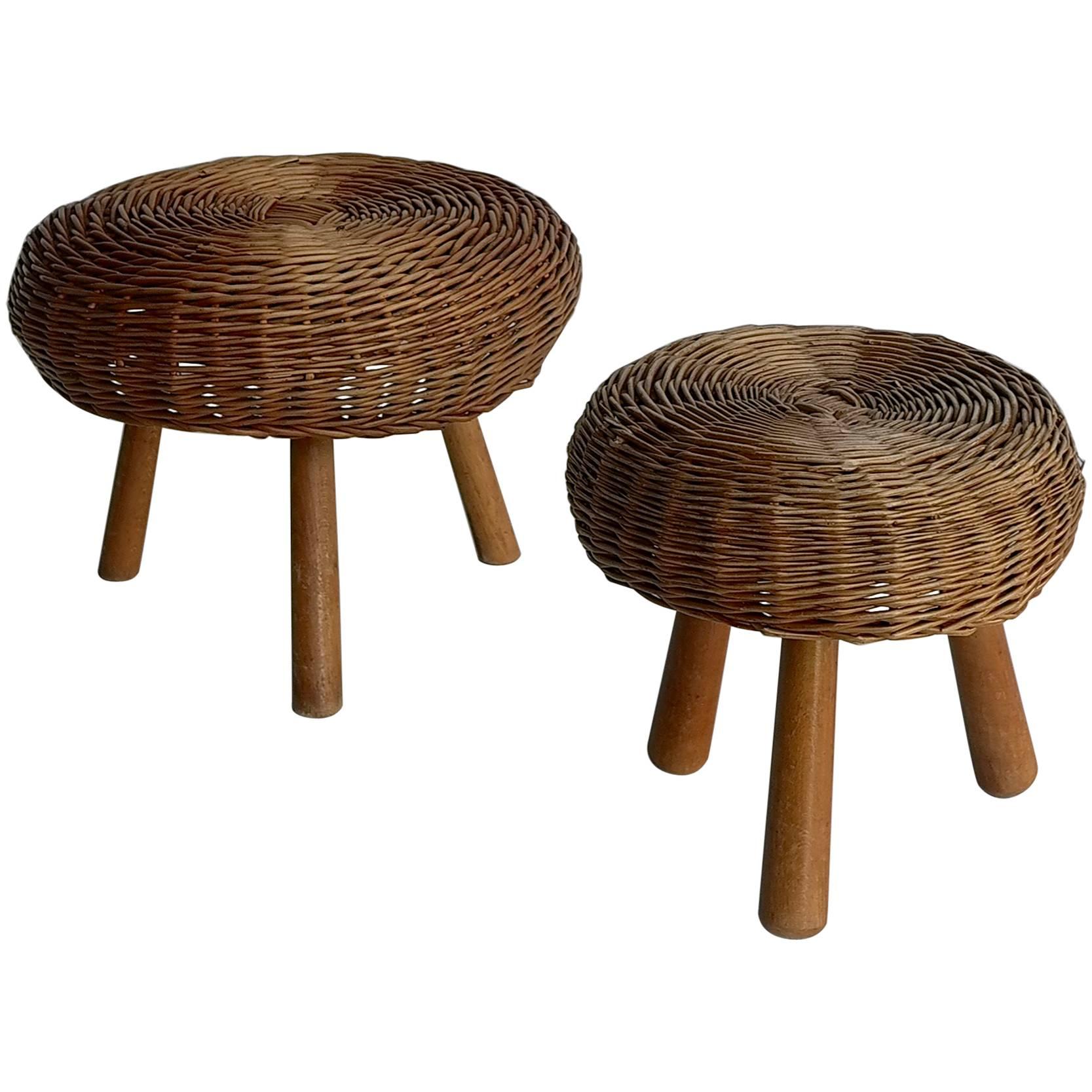 French Wicker Stools in Style of Charlotte Perriand