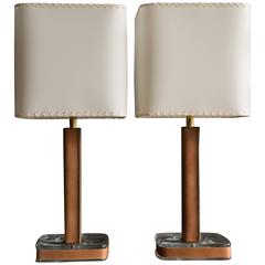 Swedish Leather and Glass Table Lamps with Vellum-Stitched White Silk Shades