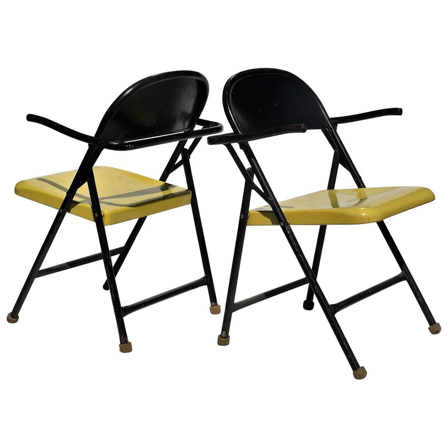 Sculptural Grasshopper Form Black and Yellow Metal Folding Chairs For Sale
