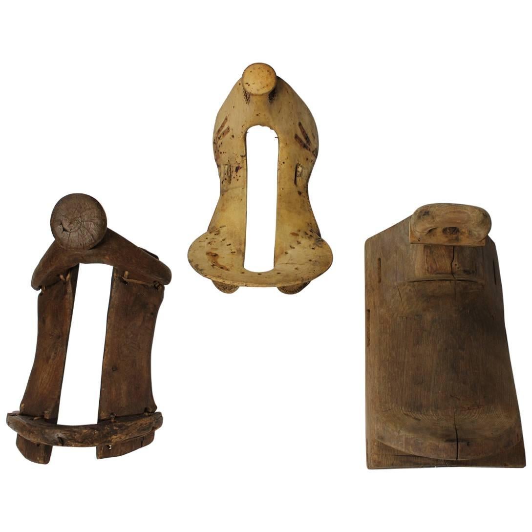 Collection of Antique Vellum and Wood Saddles For Sale