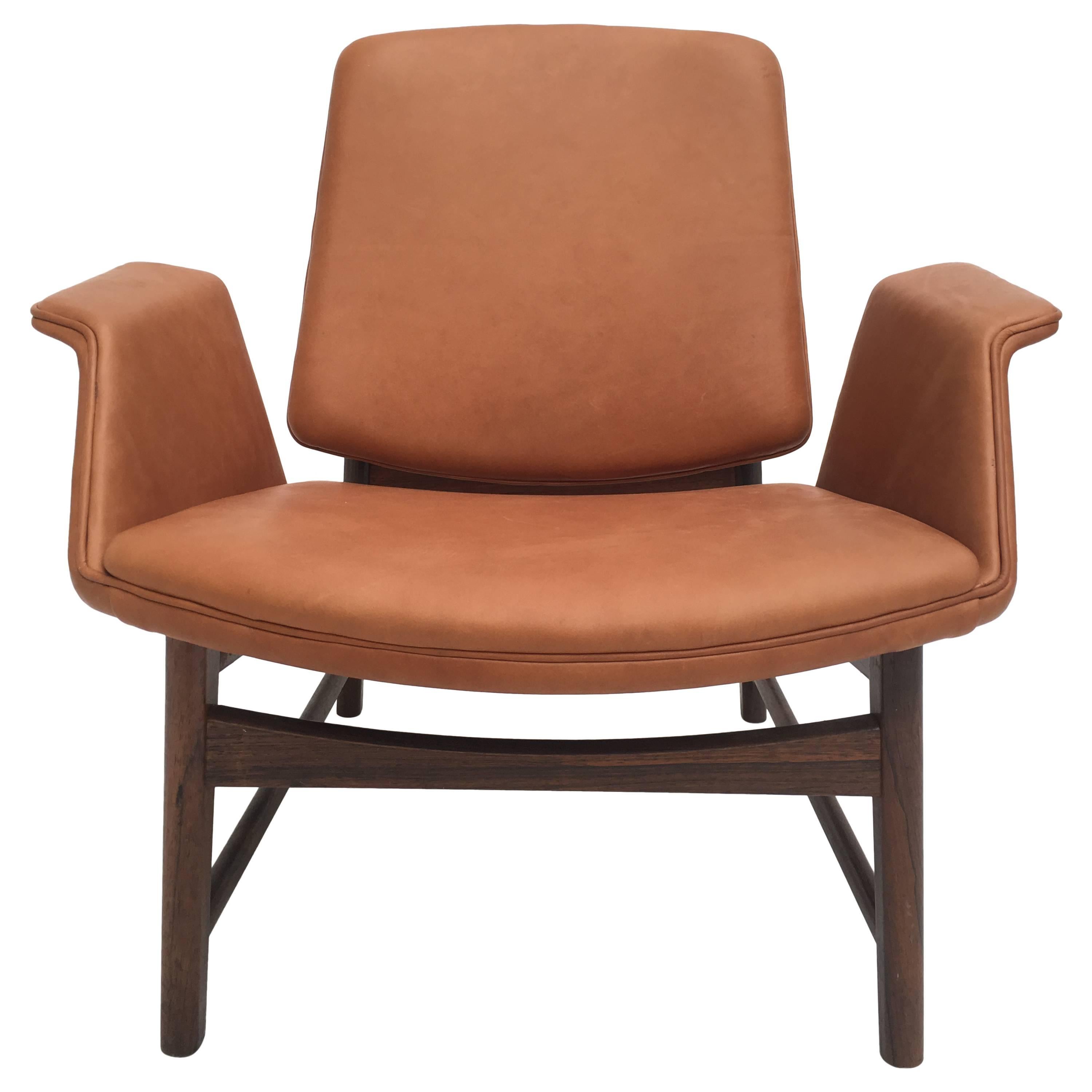 Very Rare Hans Olsen Mahogany and Leather Lounge Chair, Denmark, 1950s