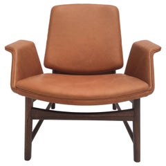 Very Rare Hans Olsen Mahogany and Leather Lounge Chair, Denmark, 1950s