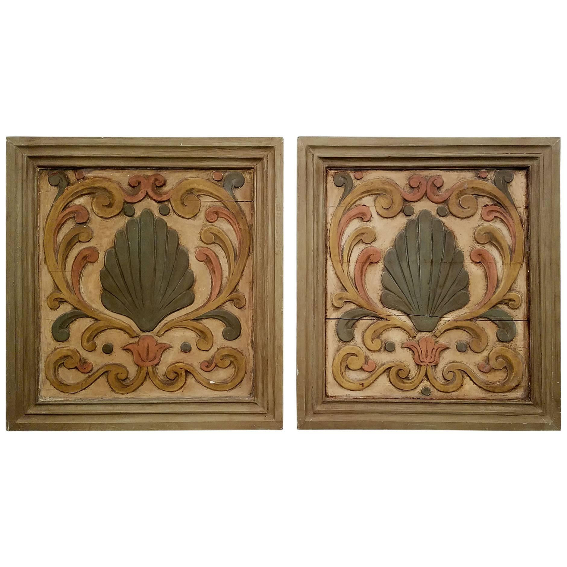 Pair of Large 19th Century French Carved and Painted Panels For Sale