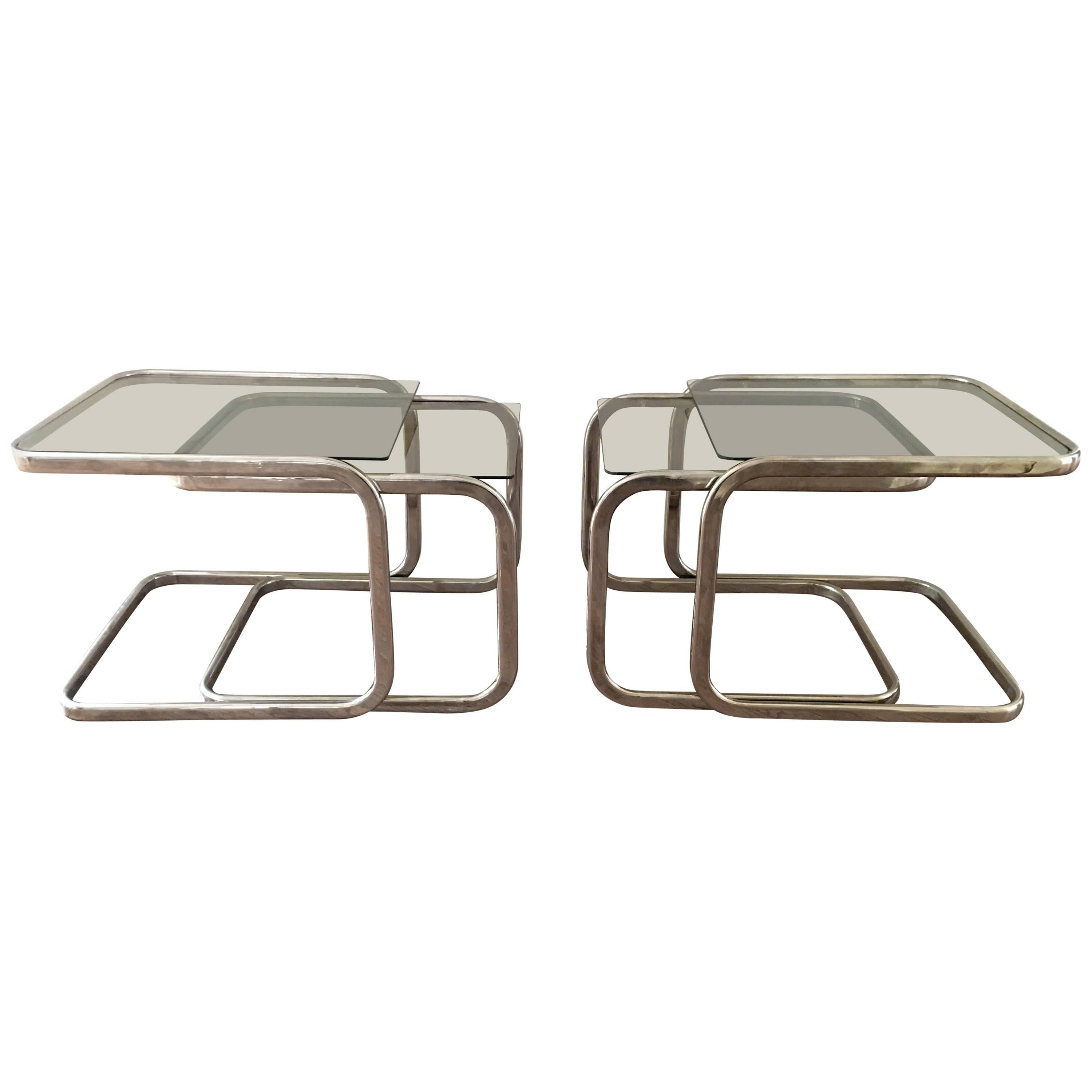 Pair of Brass and Glass Nesting Tables For Sale