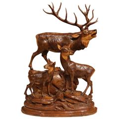 Large 19th Century French or Swiss Walnut Black Forest Carved Group of Deer
