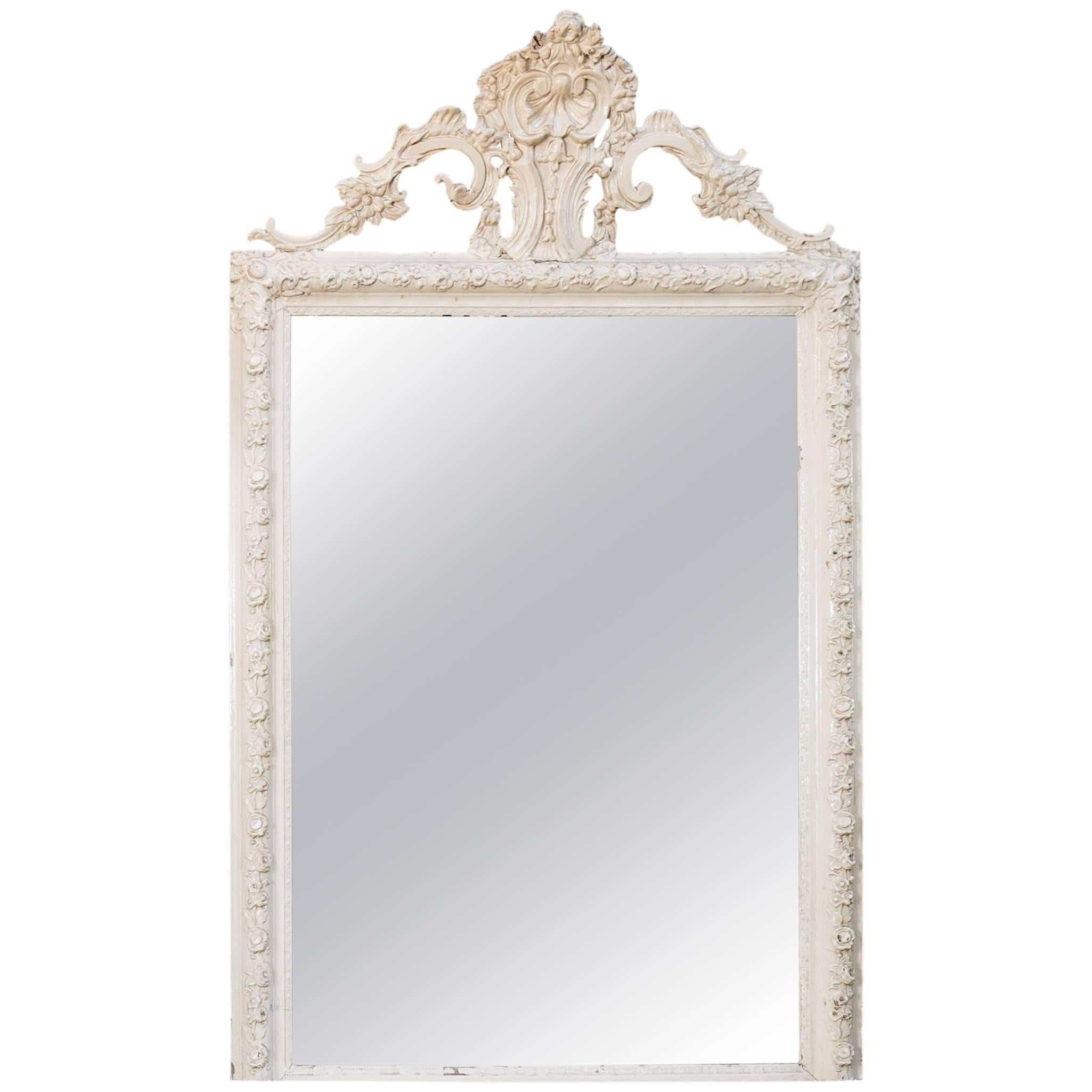 Glamorous Creamy-White Over-Painted Rococo Hand-Carved Wood Mirror, circa 1900