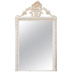 Antique Glamorous Creamy-White Over-Painted Rococo Hand-Carved Wood Mirror, circa 1900
