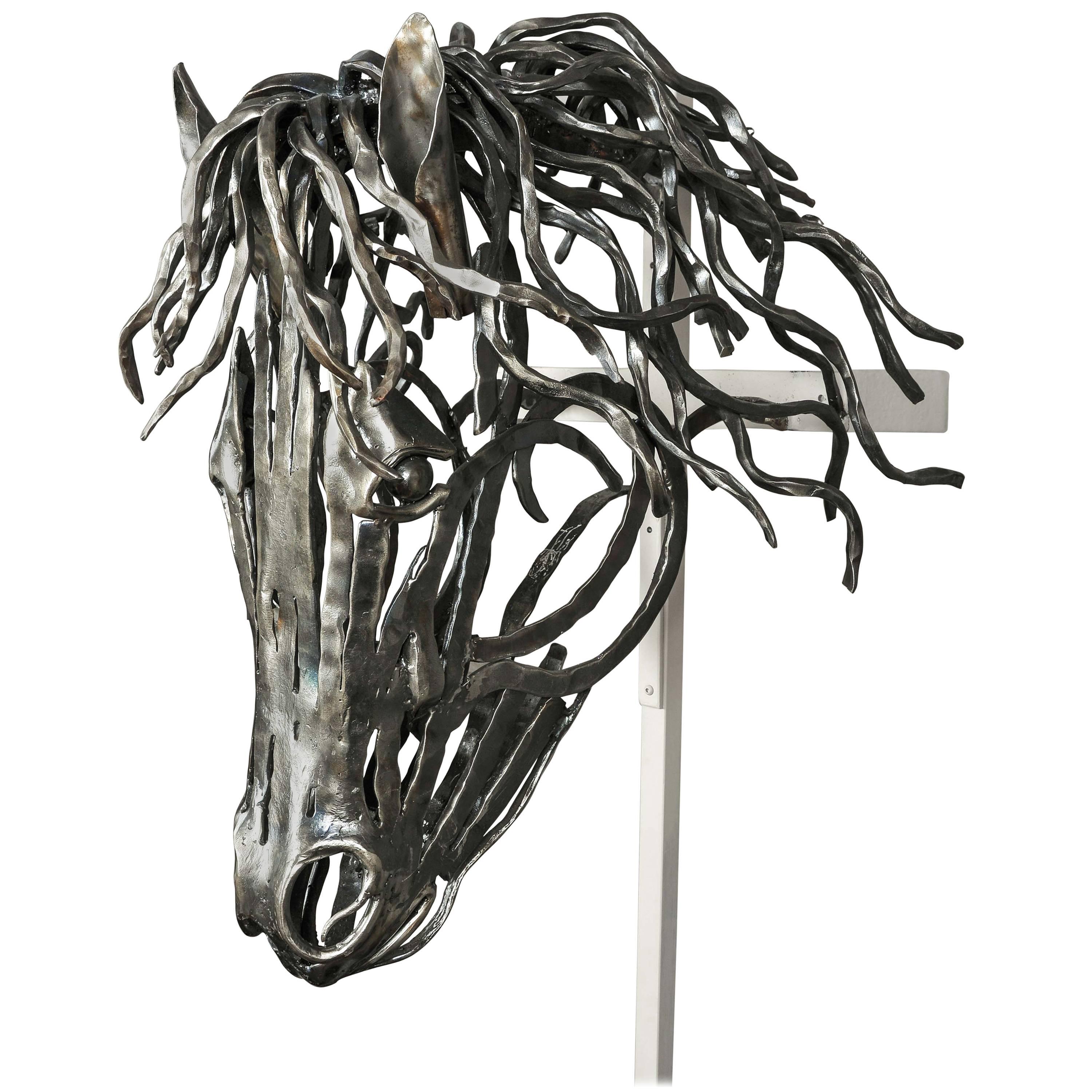 Unique Hand-Forged Model of a Horse's Head in Textured Bar Steel For Sale