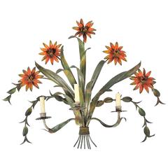 Early 20th Century Colonial Orange and Green Painted Toleware Floral Wall Sconce