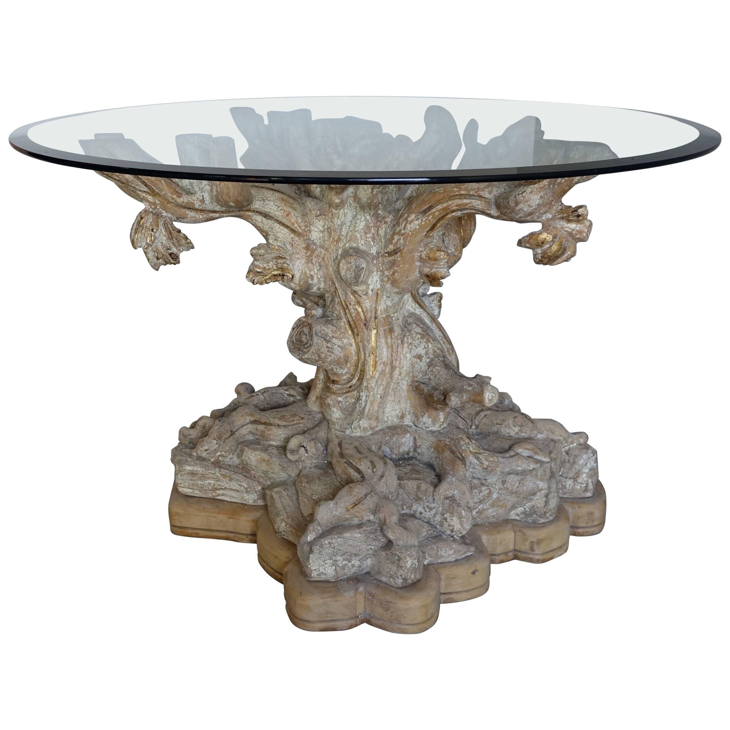 Italian Carved Tree Table with Glass Top
