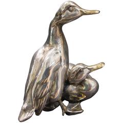 Charming and Well-Rendered French Nickel-Plated Brass Figure of a Pair of Ducks