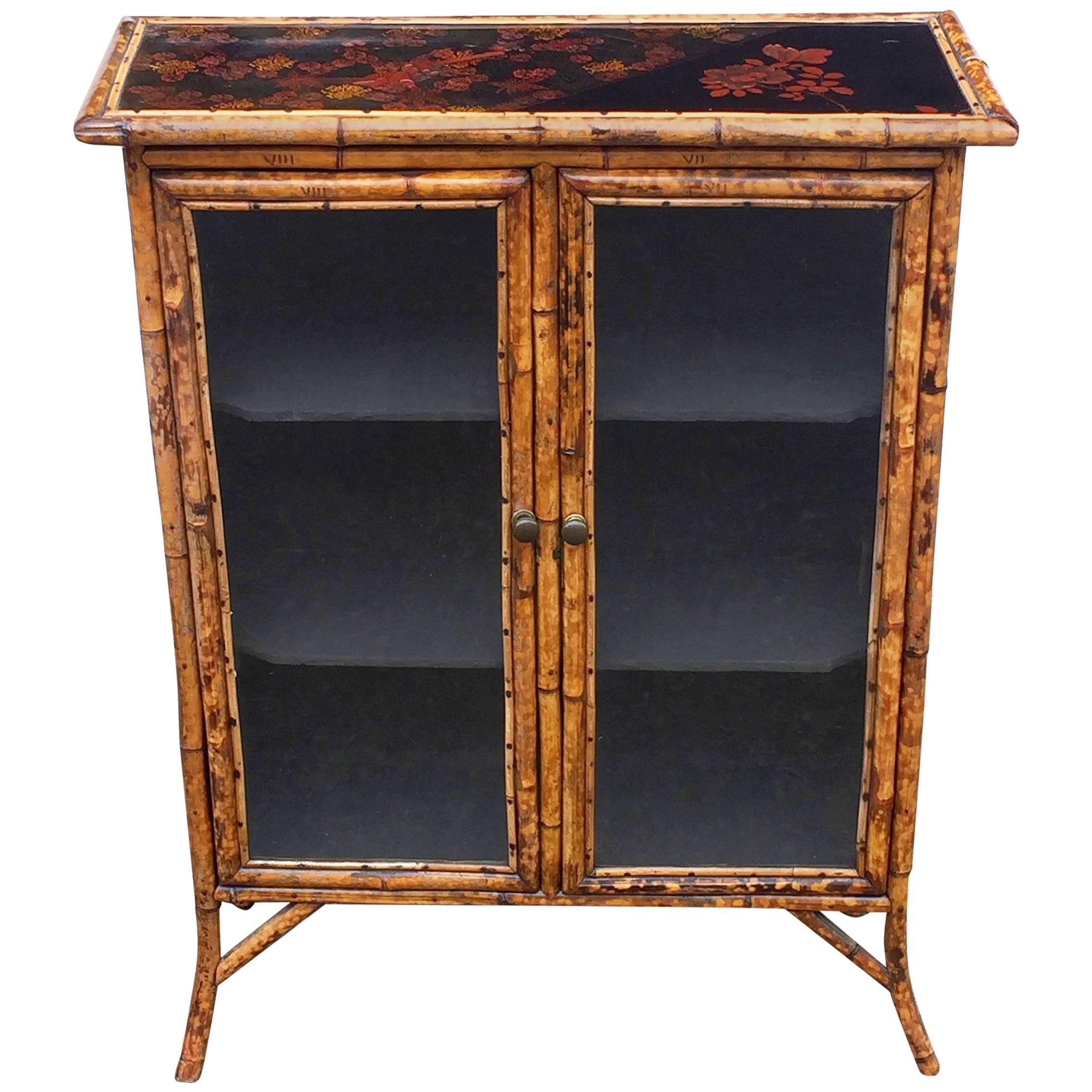 English Bamboo and Lacquer Cabinet Bookcase with Two Glass Doors