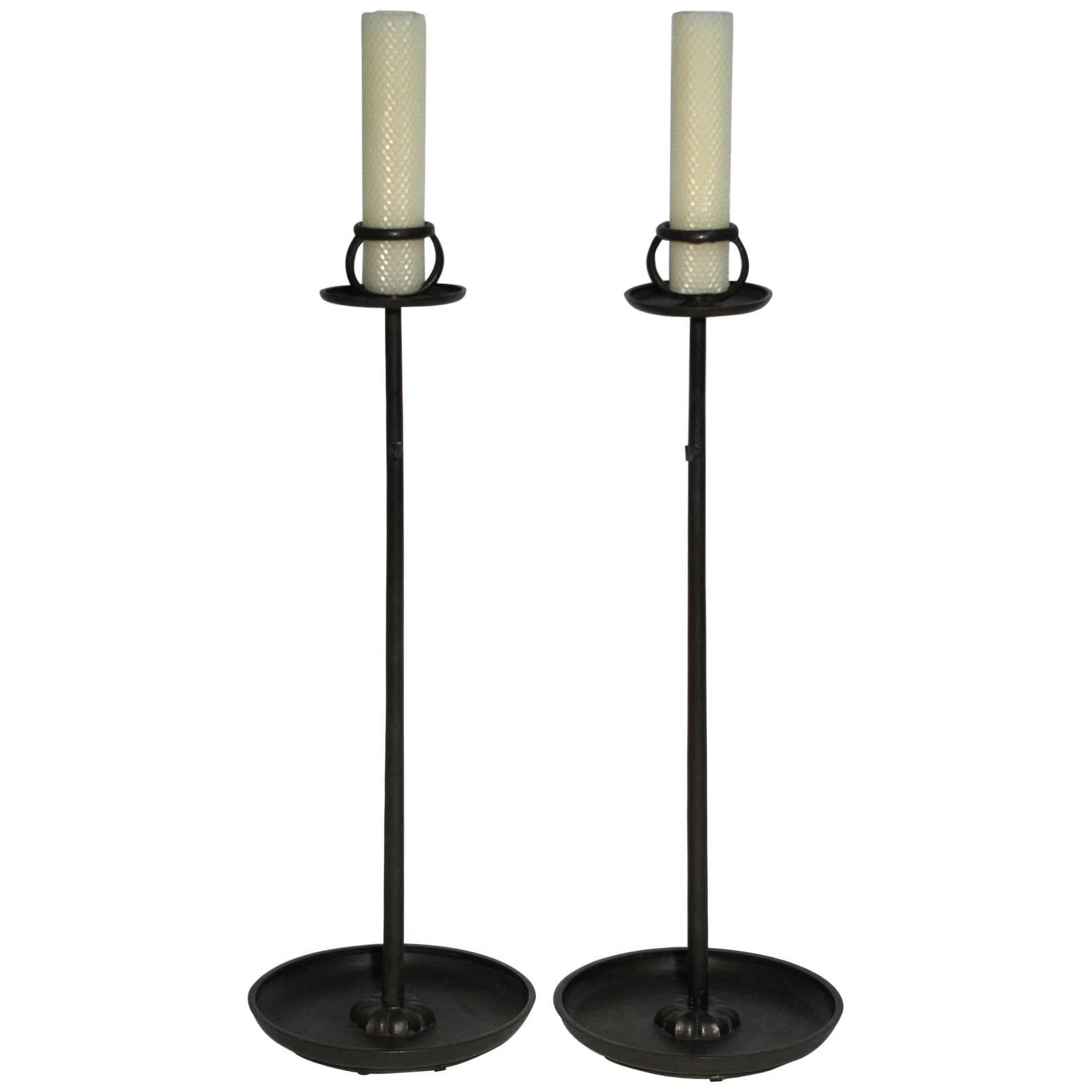 Meiji Period Bronze Candle Stands, Pair  For Sale