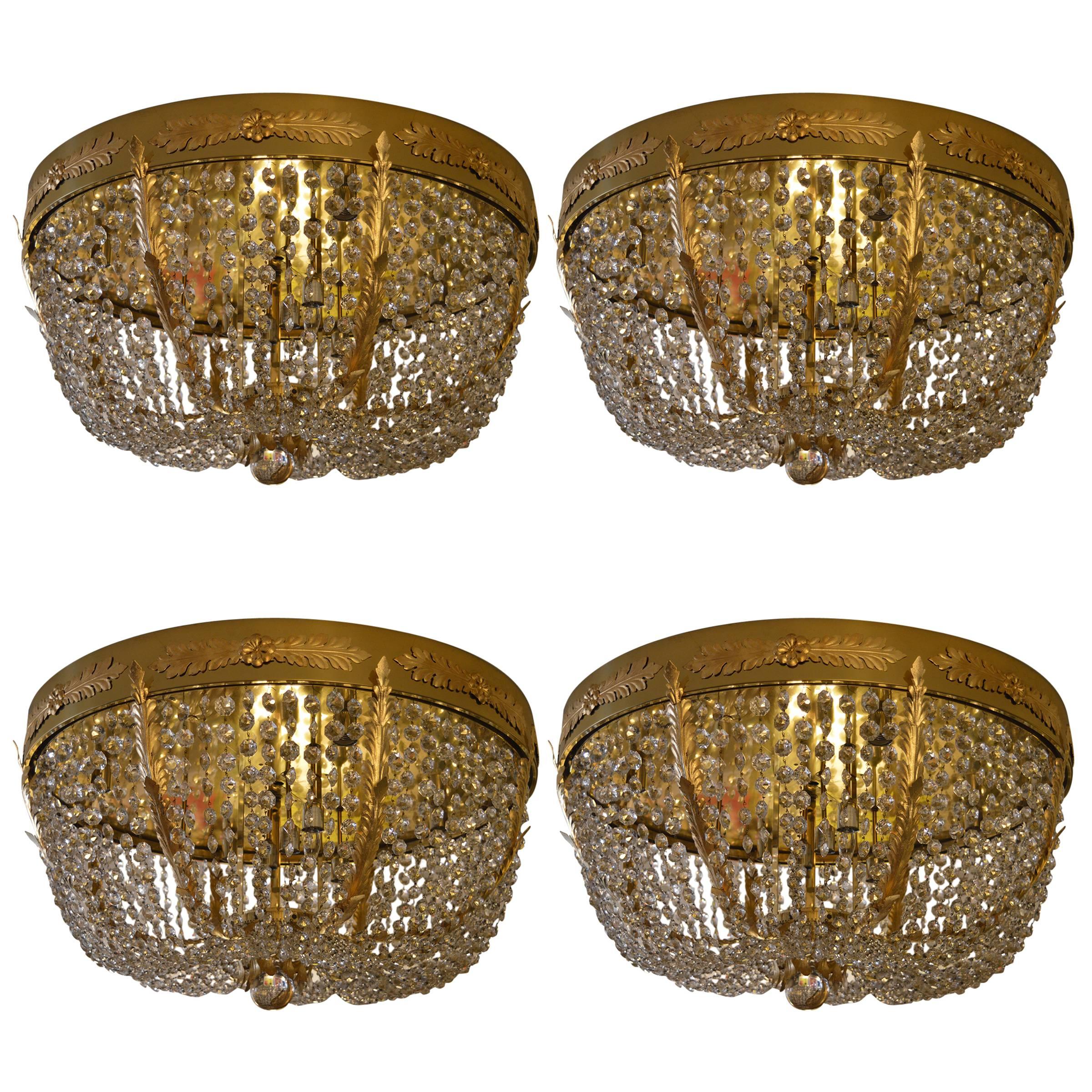 Set of Four Grand Hollywood Regency Flush Mount Chandeliers