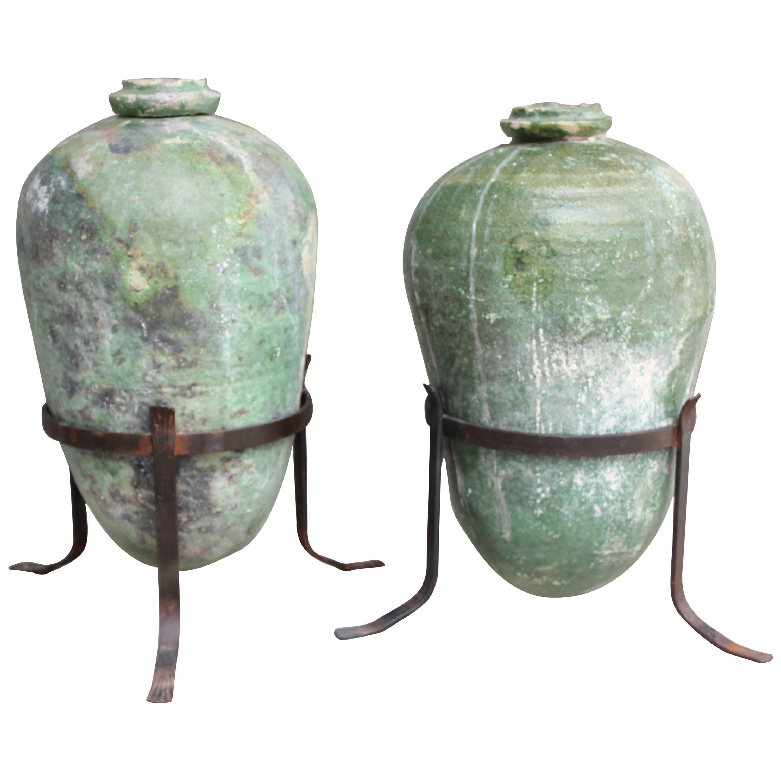 Pair of 17th Century Spanish Urns with Wrought Iron Stands