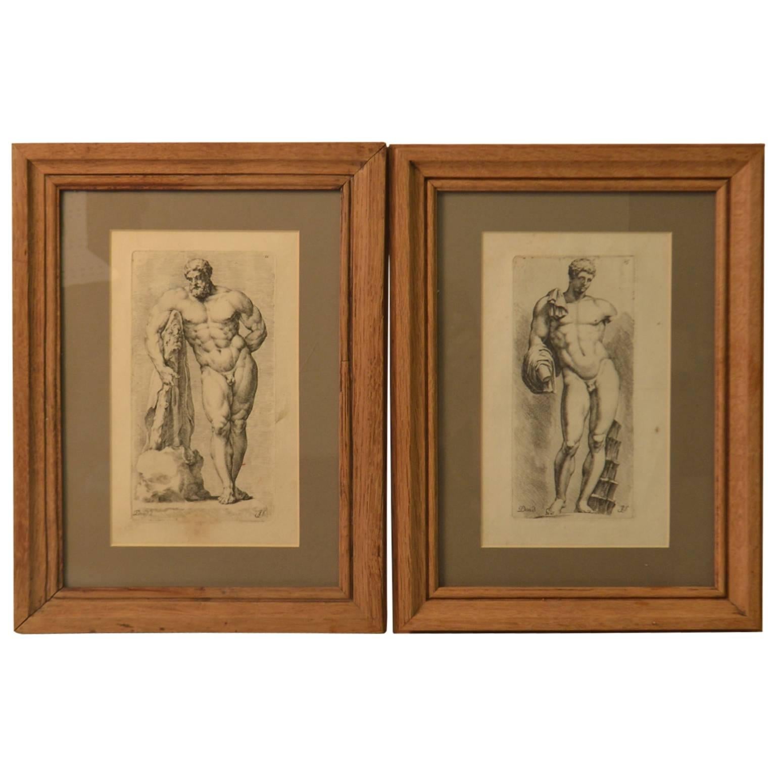 Bookplate etchings of the Farnese Hercules and Michelangelo's David, set of two