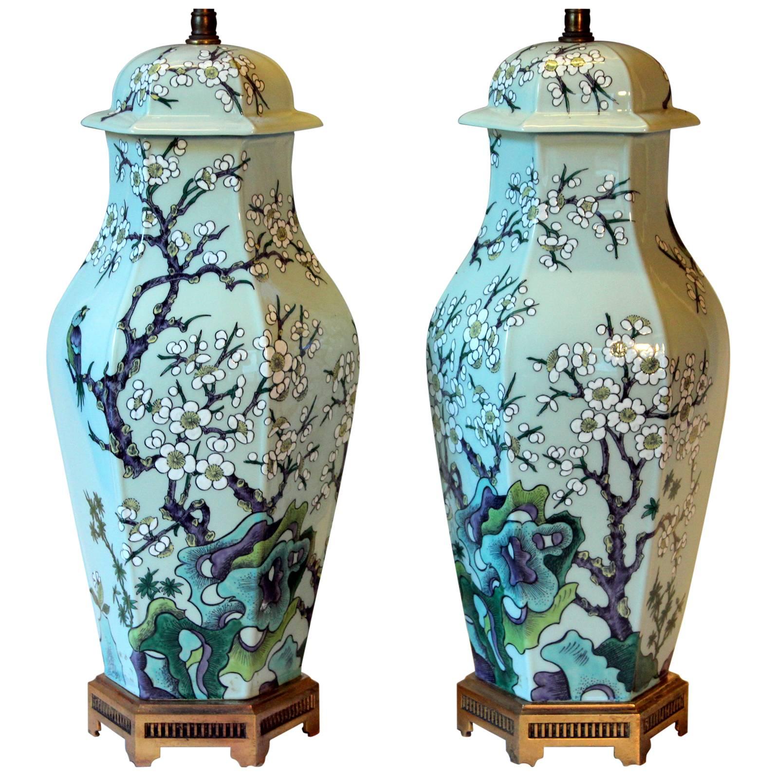 Paul Hanson Mid-Century Chinese Porcelain Style Celadon Chinoiserie Lamps, Pair