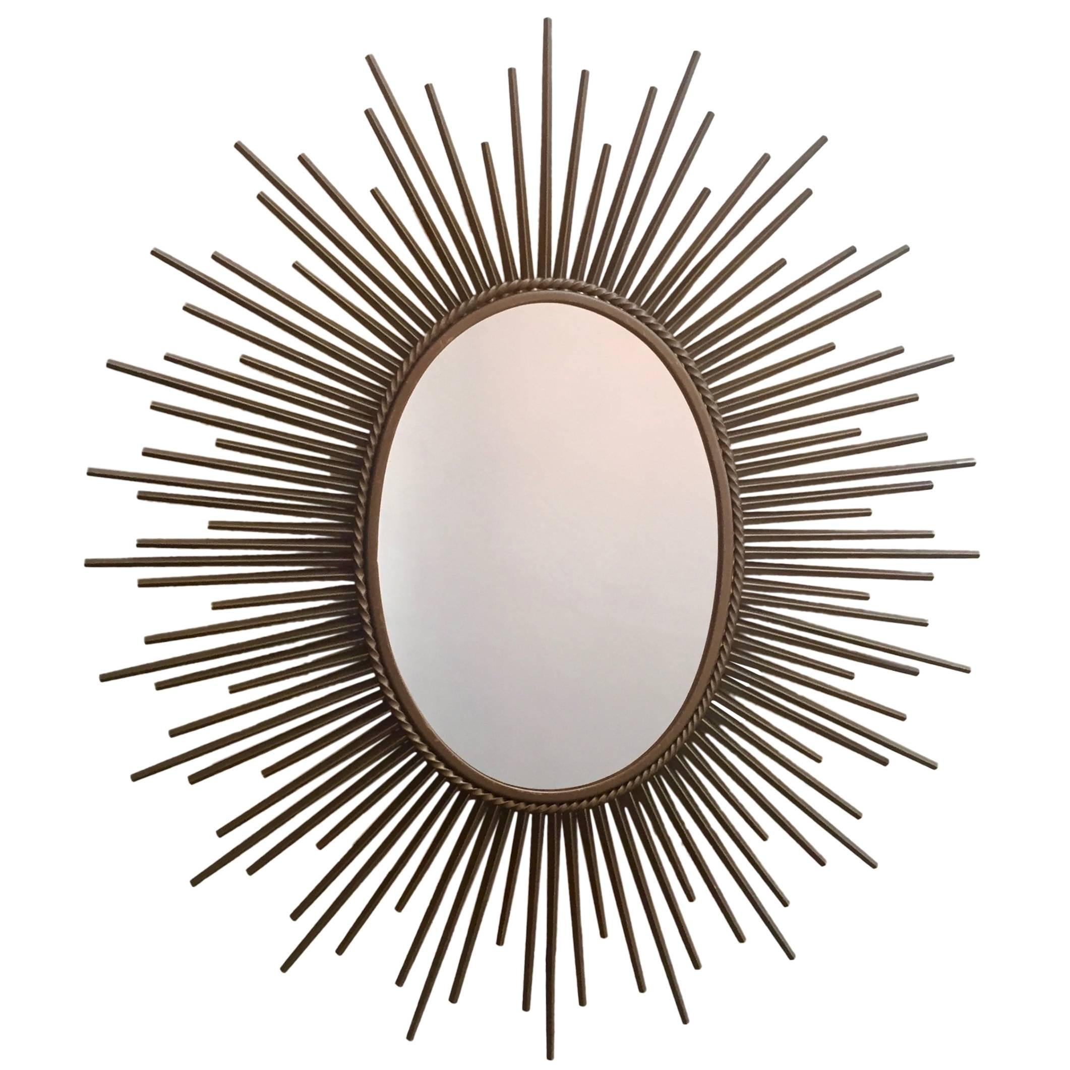 Gilt Sunburst Oval Mirror by Chaty in Vallauris, France, Signed