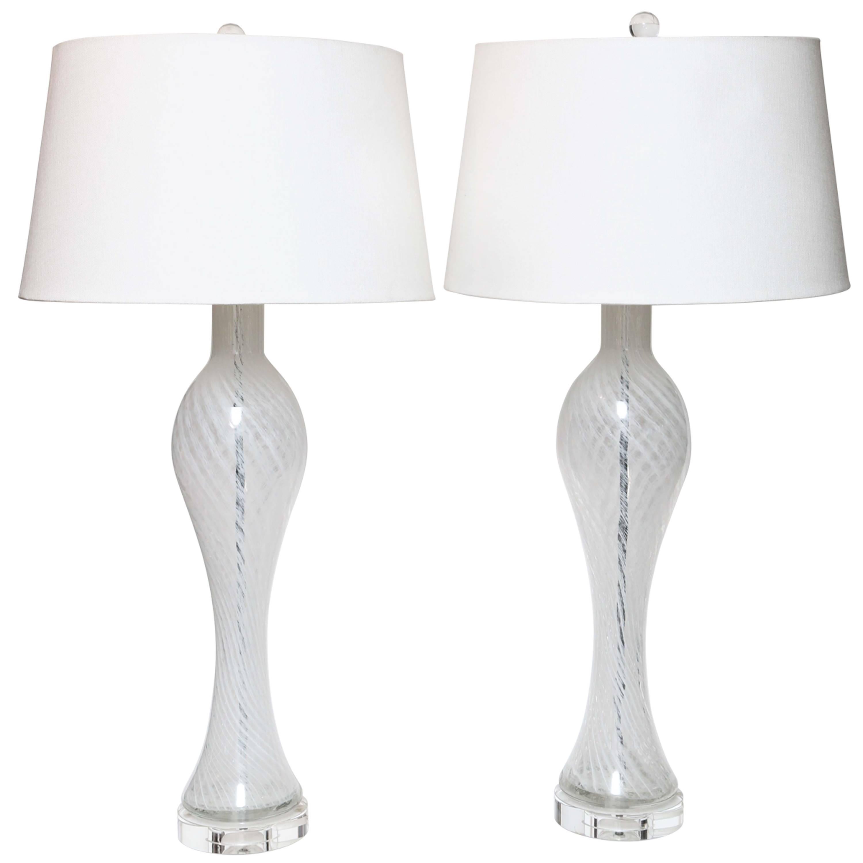 Pair of Mid-Century Modern Italian Murano White Glass Table Lamps Venini Style For Sale