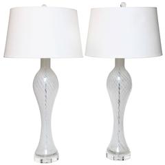 Pair of Mid-Century Modern Italian Murano White Glass Table Lamps Venini Style