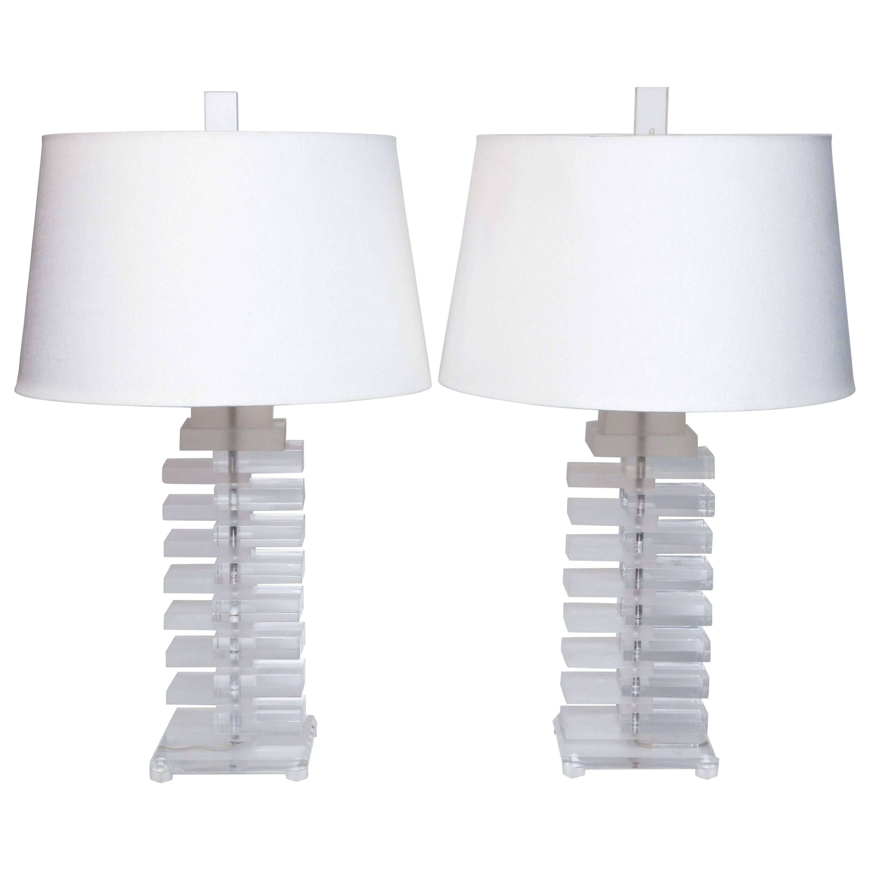 Pair of Mid-Century Modern Stack Thick Lucite Lamps Springer Hollis Jones Style For Sale