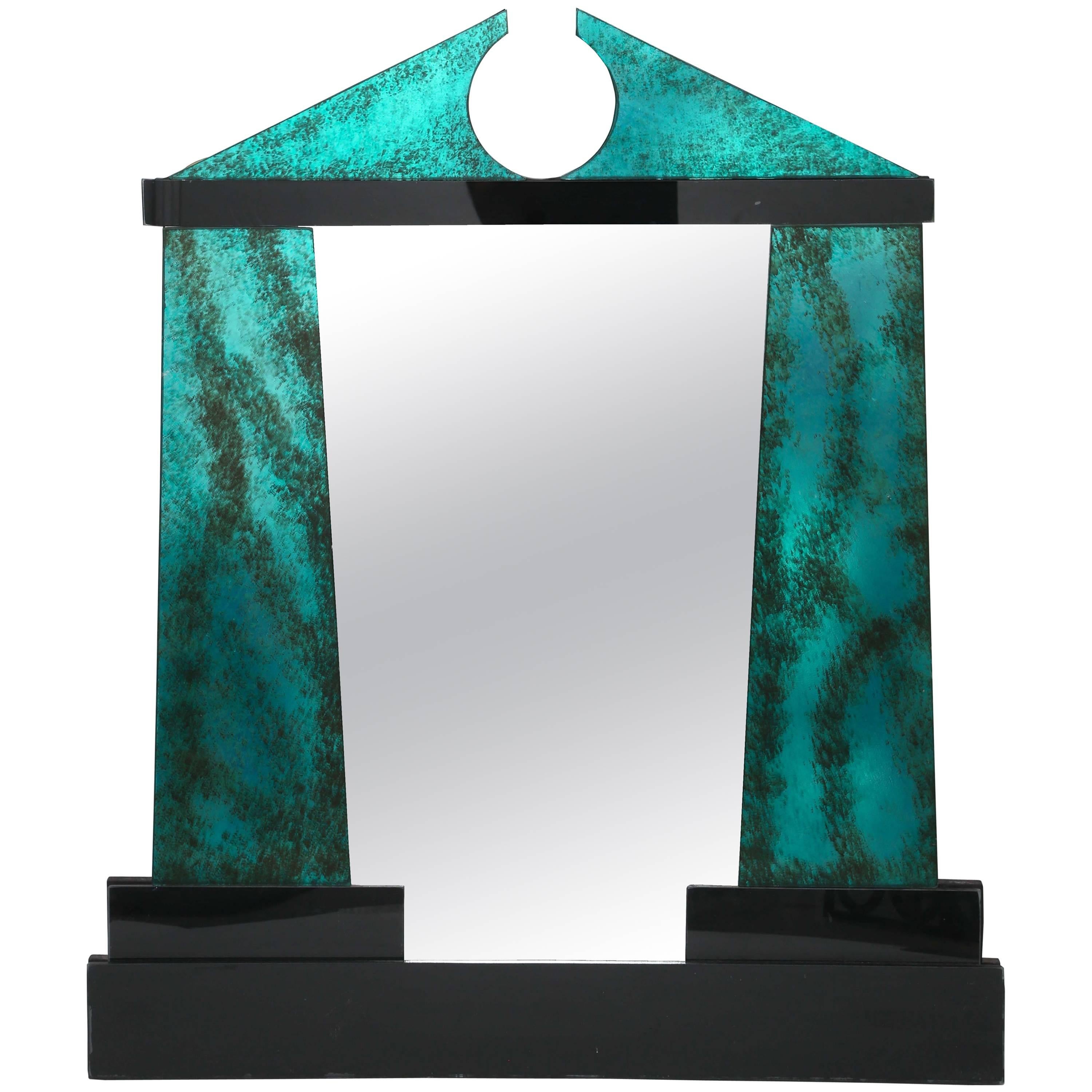 Post Modern Hollywood Regency Classical David Marshall Glass Mirror Key Pediment For Sale