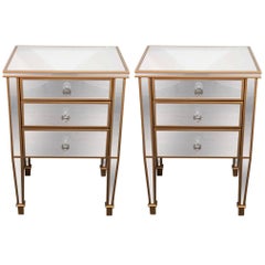 Pair of 3-Drawer Gold Trim Mirrored Nightstands, Made to Order