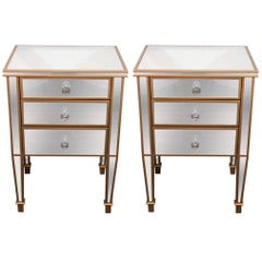 Pair of 3-Drawer Gold Trim Mirrored Nightstands