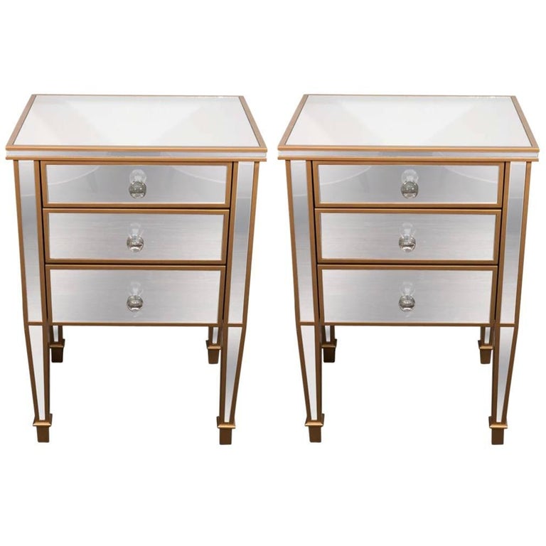 Pair Of 3 Drawer Gold Trim Mirrored Nightstands For Sale At 1stdibs