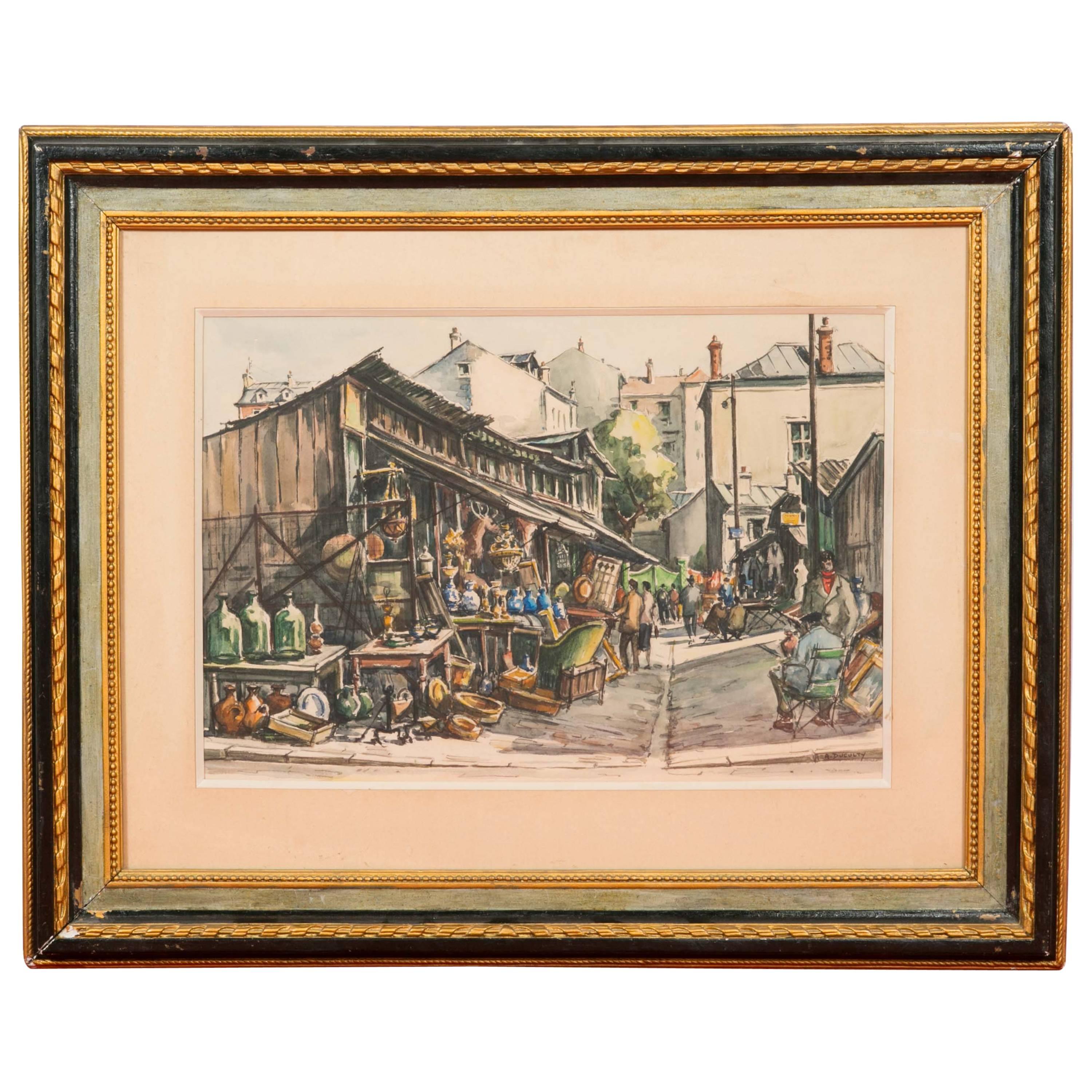 André Duculty Watercolor, View of the Clignancourt Flea Market For Sale