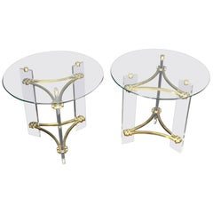 Pair of Round Glass Brass and Lucite End Tables