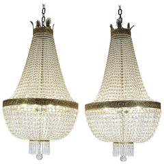 Retro Pair of 20th Century Italian Gilt Bronze and Cut-Glass Empire Style Chandeliers