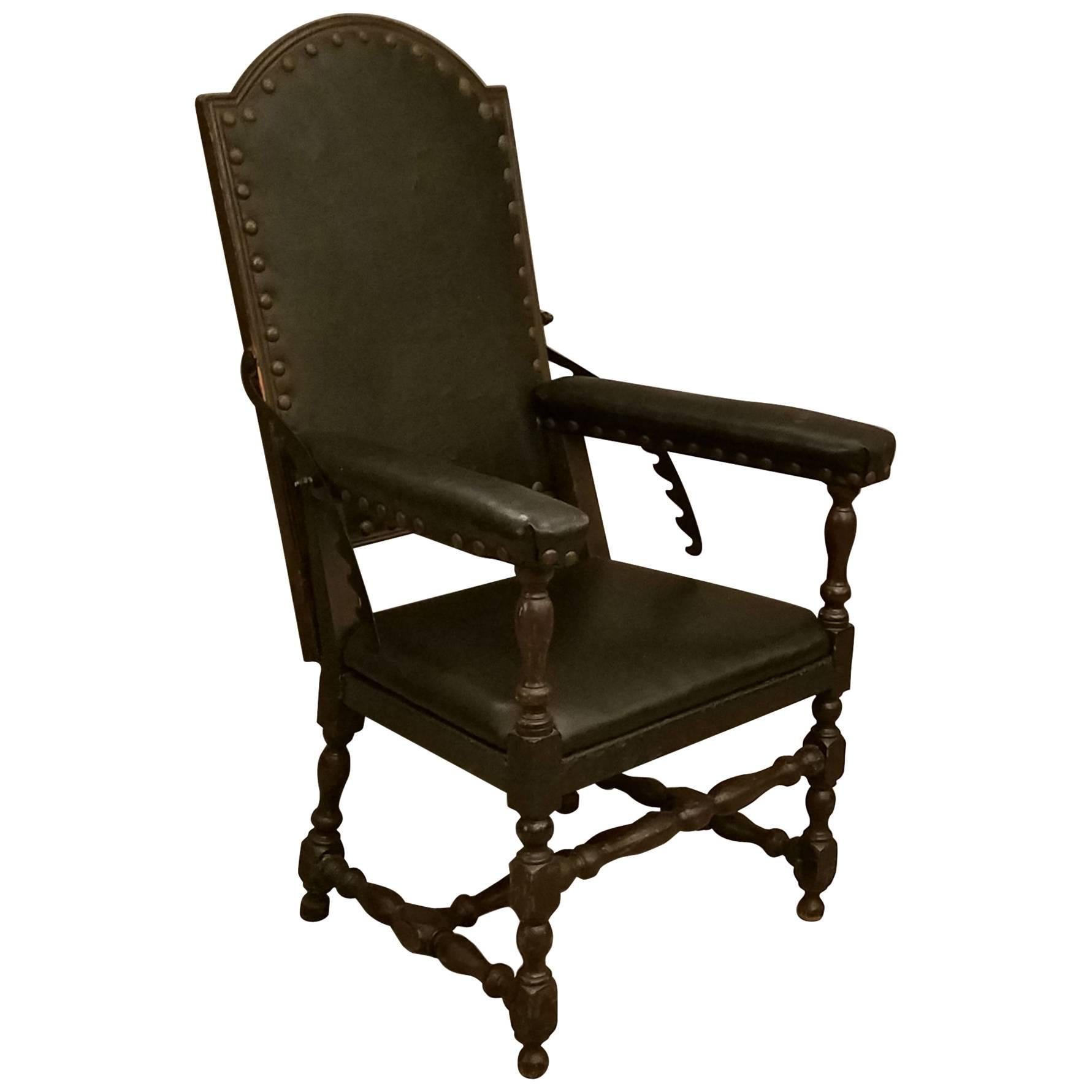 19th Century English Oak and Leather Reclining Back Chair For Sale