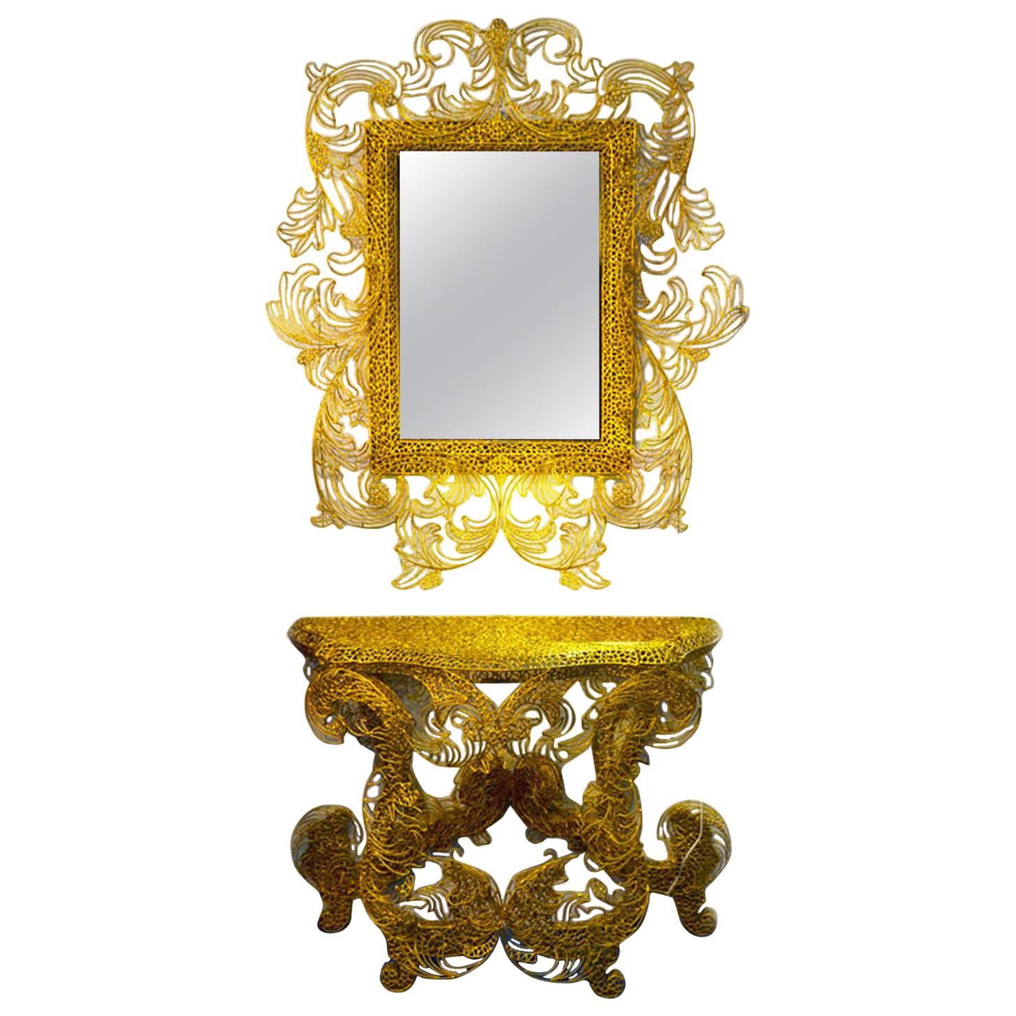 Handmade Console with Mirror in Baroque Style Unique Piece by A Spazzapan, 2010 For Sale