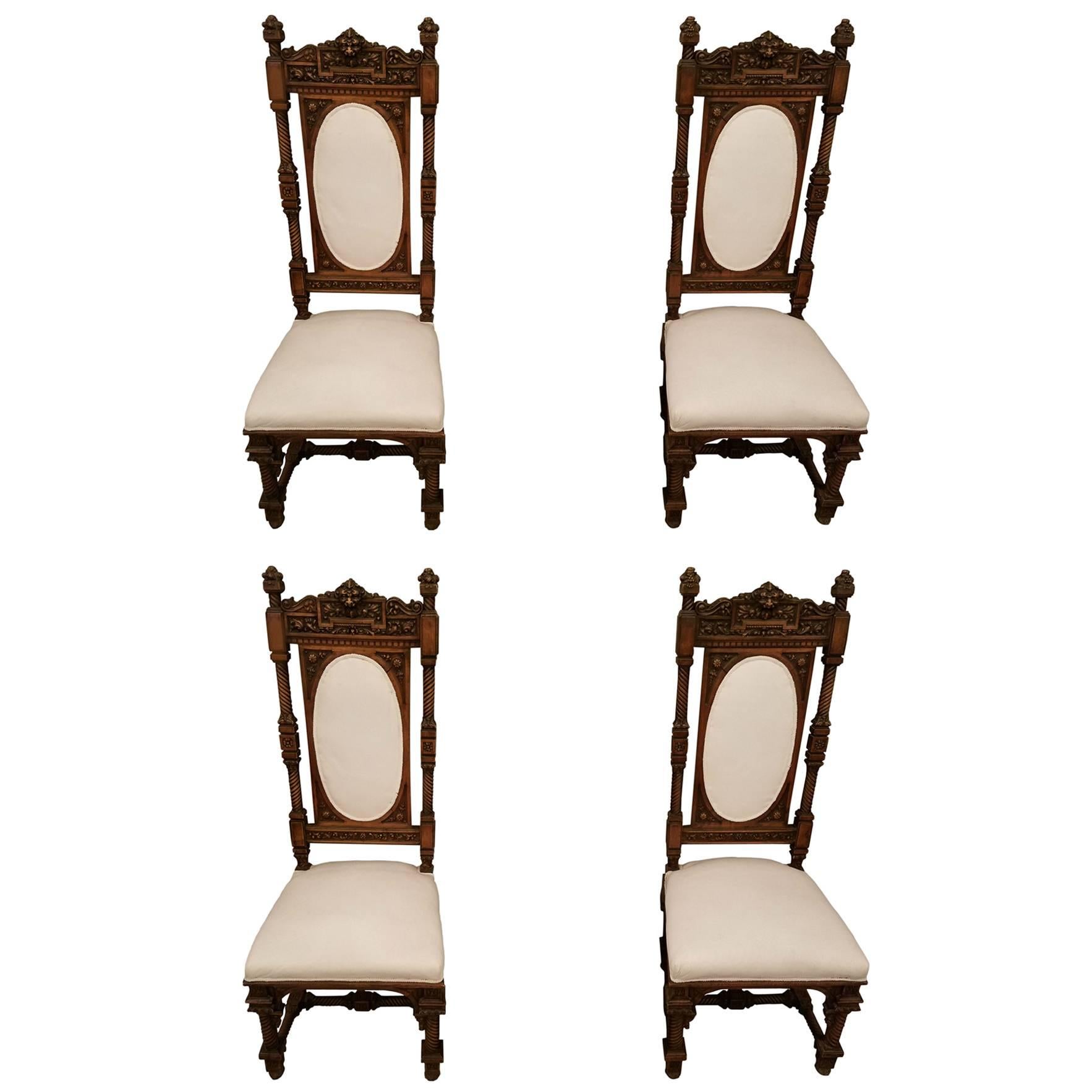 Set of Four 19th Century Renaissance Carved Walnut and Bronze Side Chairs For Sale