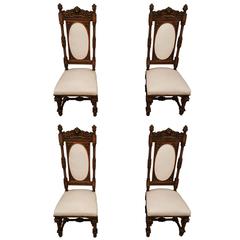 Set of Four 19th Century Renaissance Carved Walnut and Bronze Side Chairs