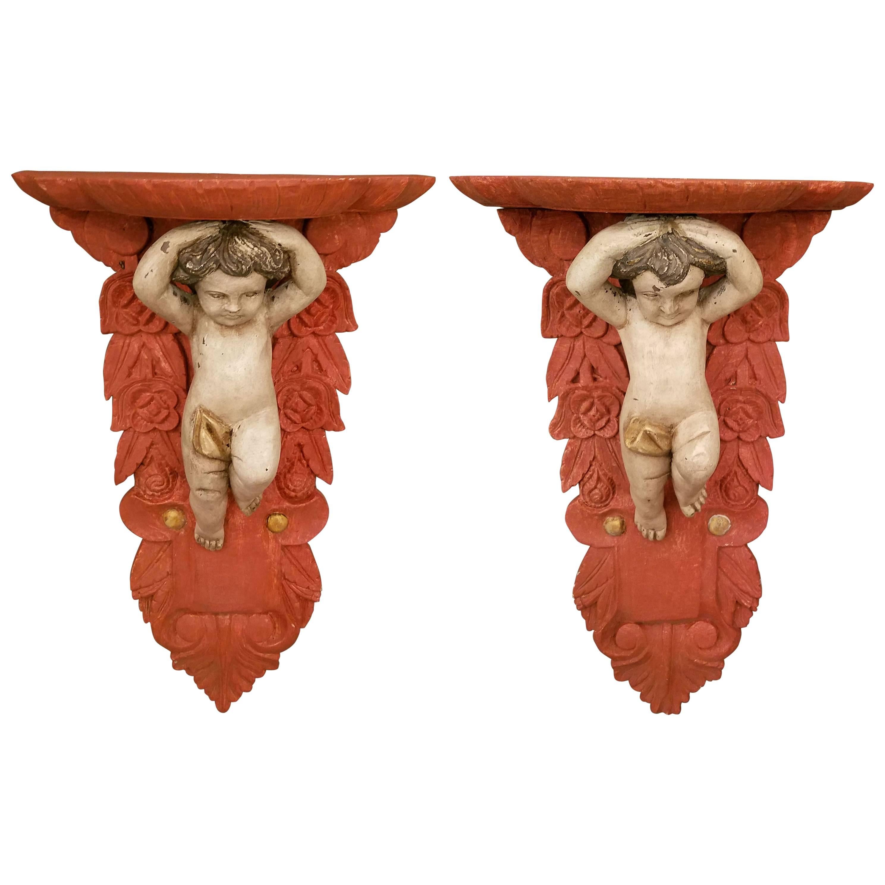 Pair of Carved and Painted Wood Putti Brackets For Sale