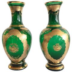 1960s Pair of Green and 22-Karat Gold Gilt Bohemia Vases