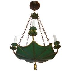 Wonderful Green Gold Gilt Tole Four-Light Chandelier Vintage Fixture Wood Tassel