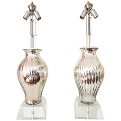 Pair of Swirl Mercury Glass Vase and Lucite Lamp, 1950s
