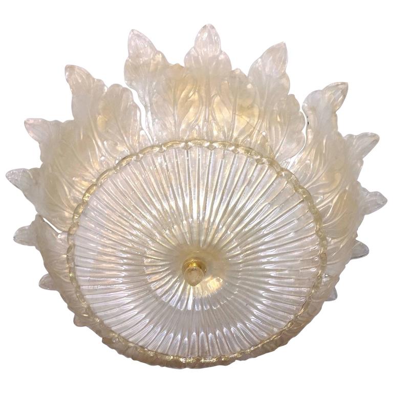 1980 Italian Leaf Decor Pearl White And Gold Murano Glass Flush 1980 Italian Leaf Decor Pearl White And Gold Murano Glass Flush Mount Chandelier For