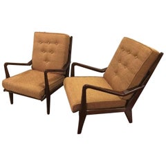 Pair of Mid-Century Modern Danish Arm Lounge Chairs New Fabric Tufted Cushions