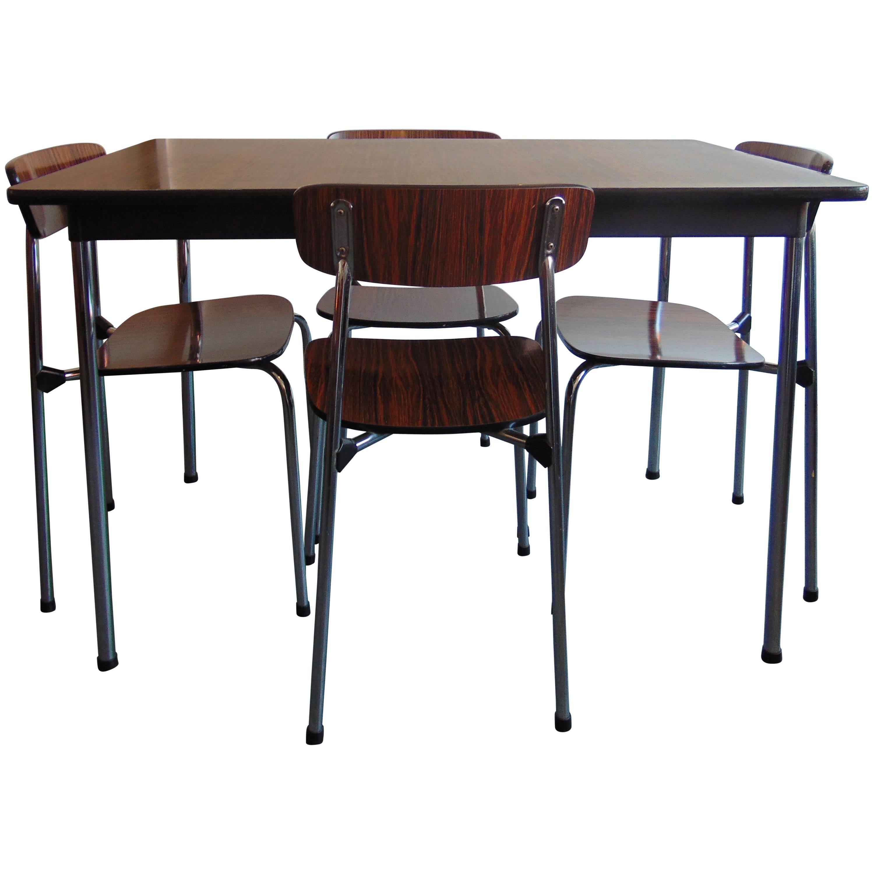Mid-Century Chrome and Rosewood Vinyl Dining Table and Stacking Chairs by Tavo