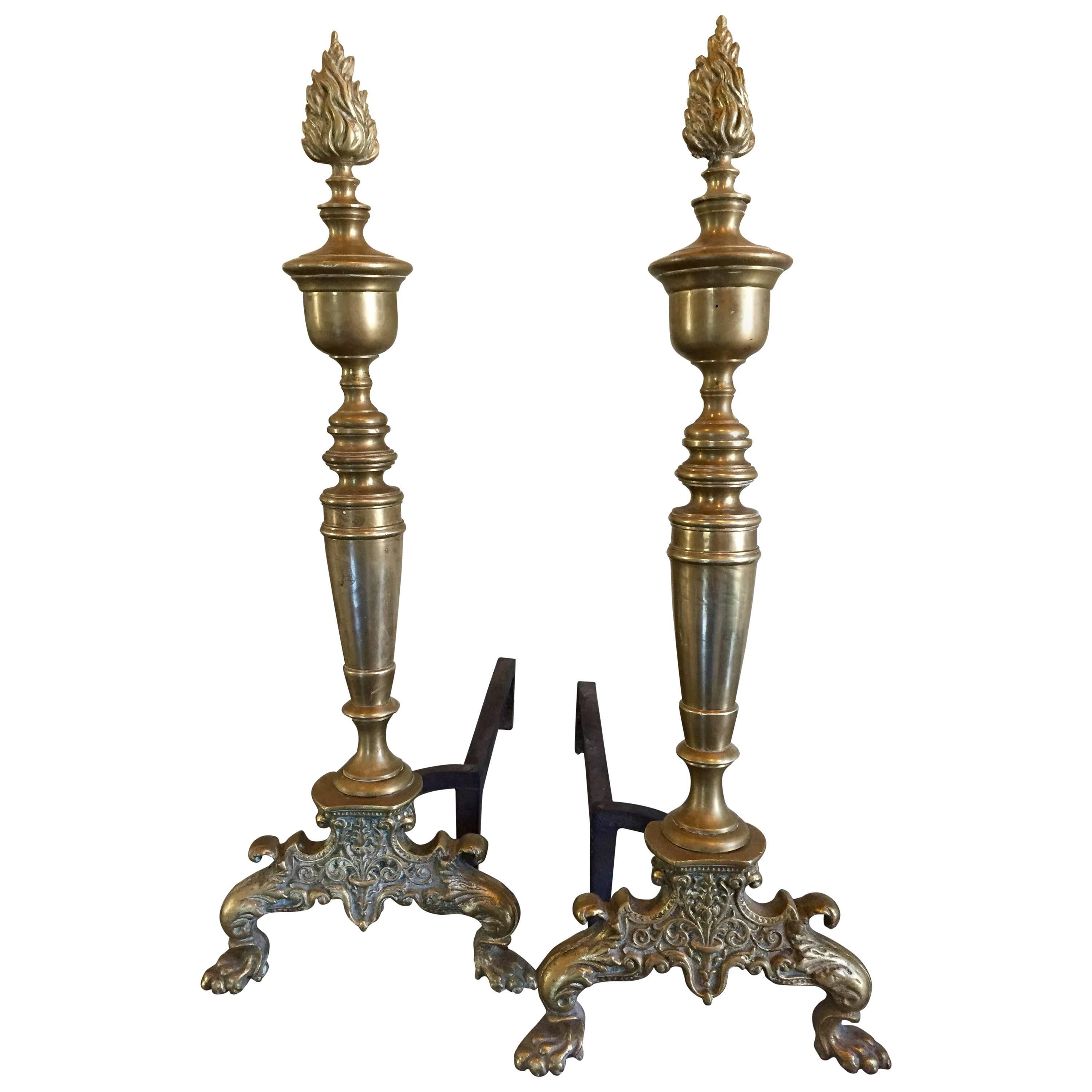 Georgian Style Tall Brass Andirons For Sale