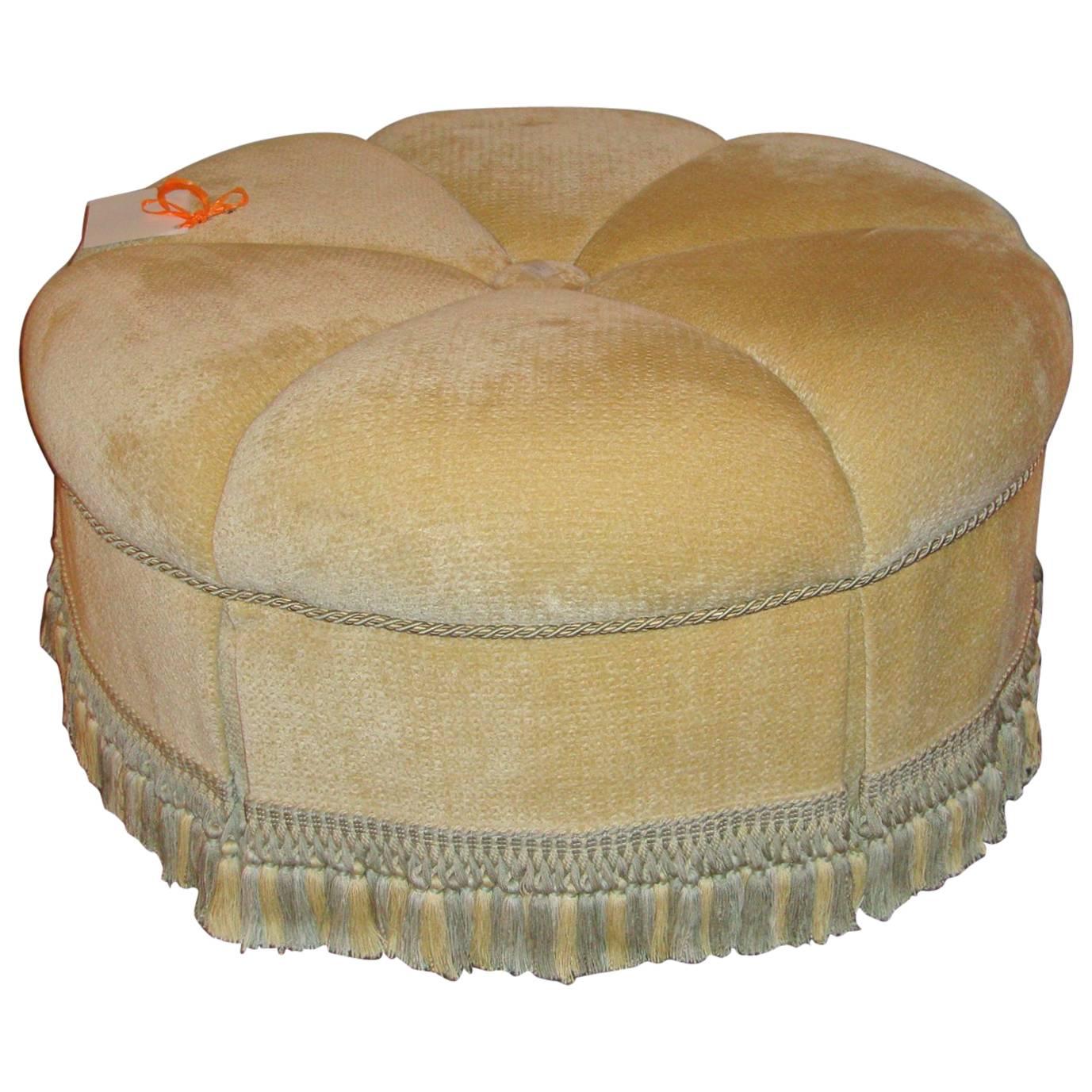 Circular Ottoman Finely Upholstered Tassel Fringe Base Hollywood Regency Style