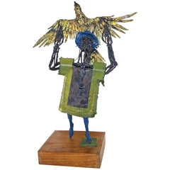 Used Original Bob Fowler Metal Art Work Sculptor Man Holding Eagle